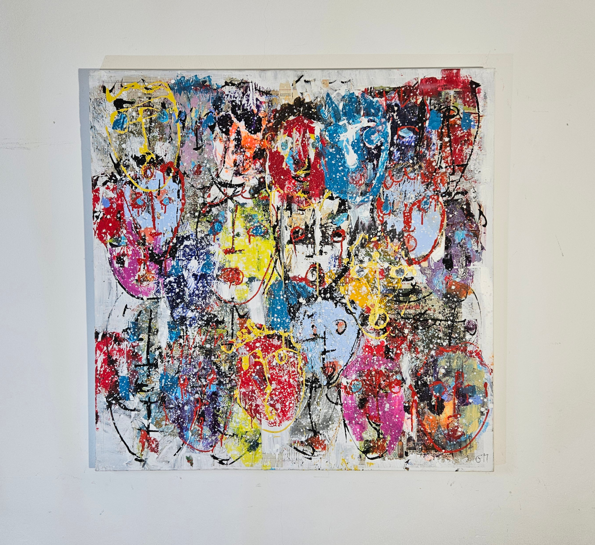 Multiple Faces in Red and Pink, acrylic painting on canvas, 100x100 cm - Image 2