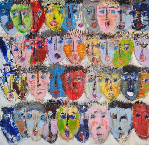 Multi-heads in red, pink, and blue,  acrylic painting on canvas, 100×100 cm.