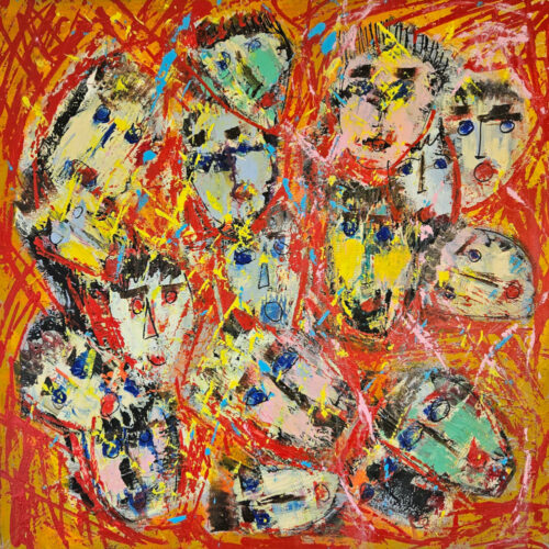 Multitête agitée sur fond orange peinture acrylique et collage sur toile 100x100cm