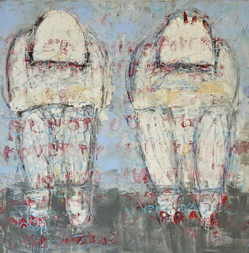 Portrait of two homeless people sitting, modern acrylic painting on canvas, 100x100 cm