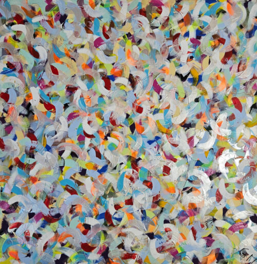 "Petite friture" Blue and silver abstract, acrylic on canvas, 80×80 cm.