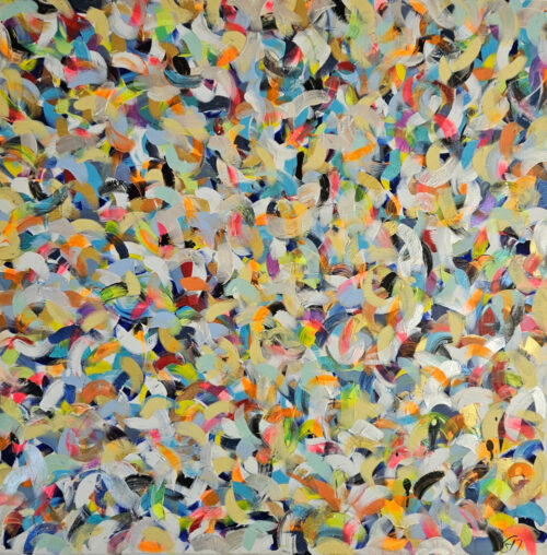 "Petite friture" Blue and yellow, acrylic painting on canvas, 80×80 cm.