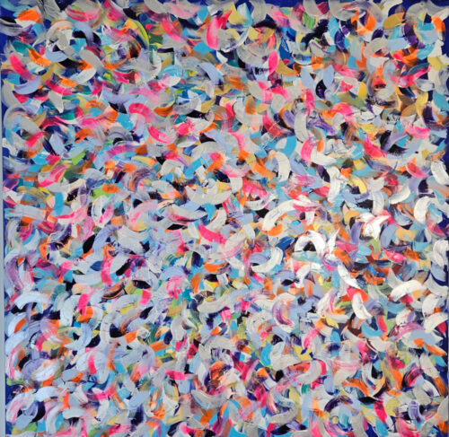 "Petite friture" Blue and pink, acrylic painting on canvas, 100×100 cm.