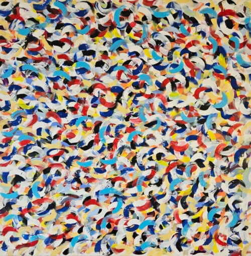 "Petite friture" in blue and yellow, acrylic painting on canvas, 100×100 cm.