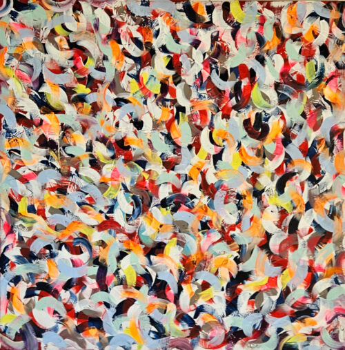 "Petite friture" Red, orange, and yellow – acrylic painting on canvas, 80×80 cm.