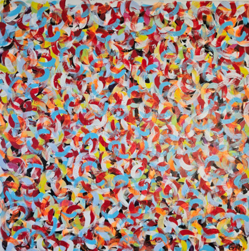 "Petite friture" Red and blue, acrylic painting on canvas, 100×100 cm.
