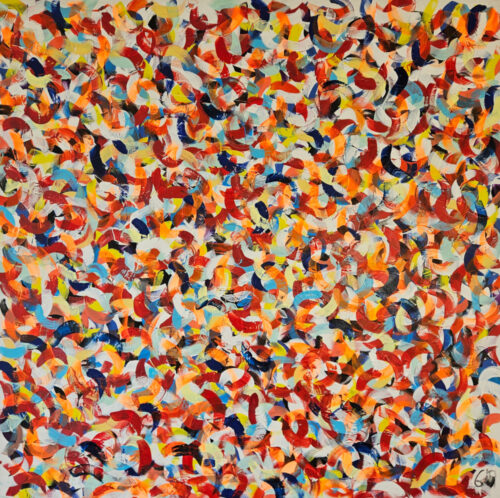 "Petite friture" Red and yellow – acrylic painting on canvas, 100×100 cm.