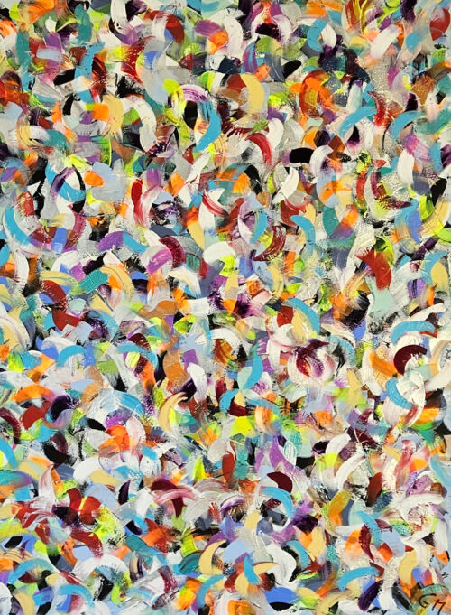 "Petite friture" in blue, red, and purple – acrylic painting on canvas, 60×80 cm