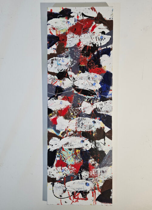 White, black, and red fish: acrylic on canvas, 40 × 120 cm.