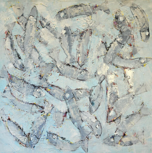 Gray fish on a light blue background, acrylic painting on canvas, 100x100 cm.