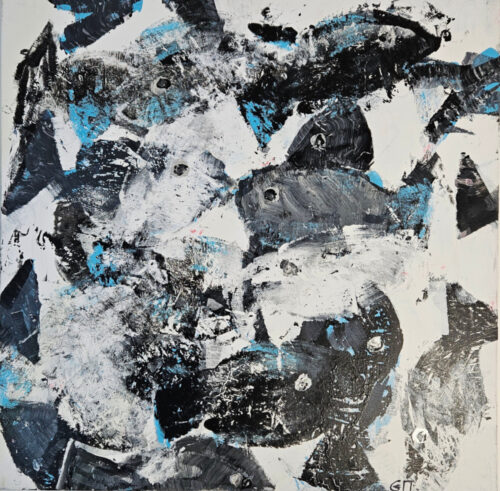 Black and blue fish, acrylic painting on canvas, 100x100 cm.