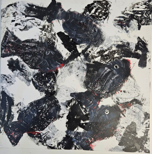 Black and red fish, acrylic painting on canvas, 100x100 cm