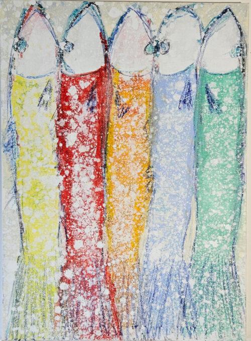 Yellow, red, orange, blue, and green sardines, acrylic painting on canvas, 100×73 cm.