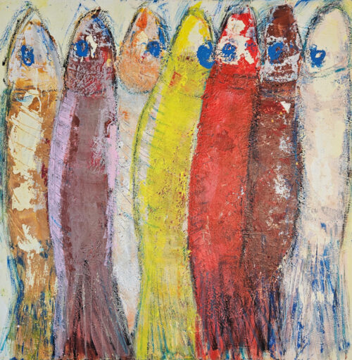 Yellow, red, and purple sardines, acrylic painting on canvas, 100x100 cm.