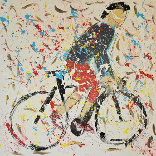 Bicycle, cyclist in a gray jersey standing on the pedals, modern acrylic painting on canvas, 100x100 cm