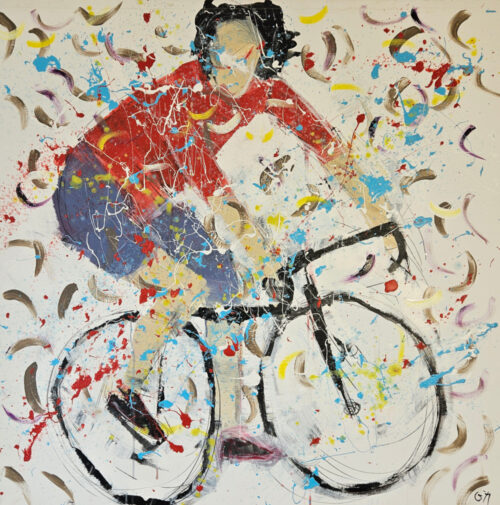 Bicycle, cyclist in a red jersey standing on the pedals, acrylic painting on canvas, 100x100 cm