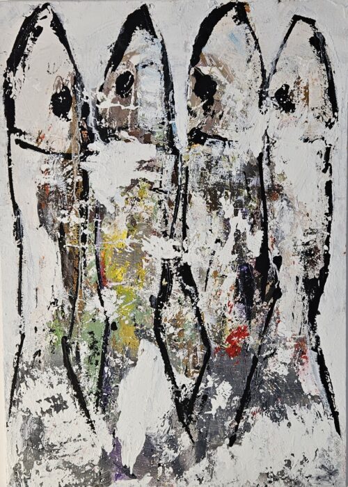 Brown, yellow and green sardines on paper, acrylic painting on convas 92x65cm