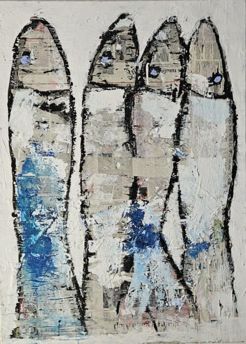 Blue sardines on paper, acrylic convas painting 100x73cm
