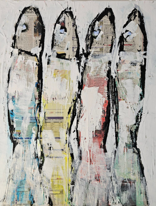 Blue, yellow, red and green sardines on paper, acrylic convas painting 92x73cm