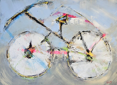 Yellow and pink bicycle, modern acrylic painting on convas 116x89cm