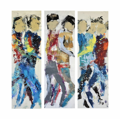 Walking men triptic, acrylic modern painting on convas 3 times 40x120cm