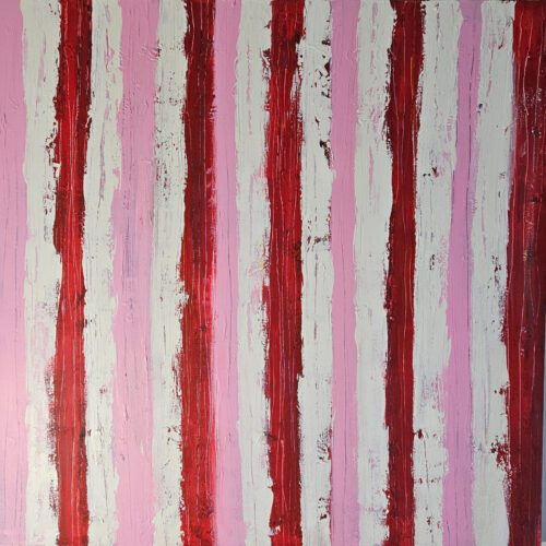 Red and pink stripes, contemporary acrylic painting on canvas, 100x100cm.