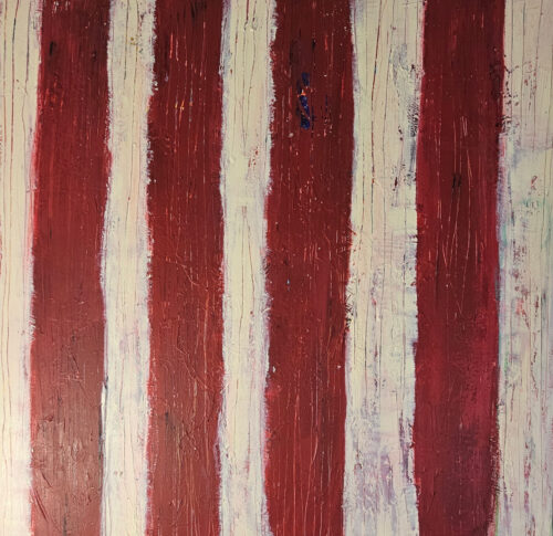 Red Trunks, contemporary acrylic painting on canvas, 100x100 cm.