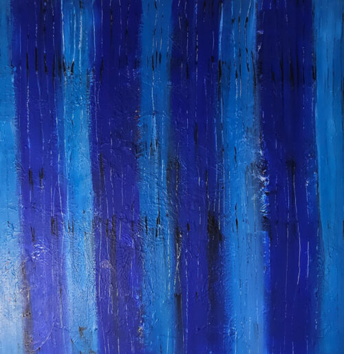 Blue Trunks, contemporary acrylic painting on canvas, 100x100cm.