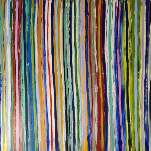 Thin multicolored stripes, contemporary acrylic painting on canvas, 100x100cm.