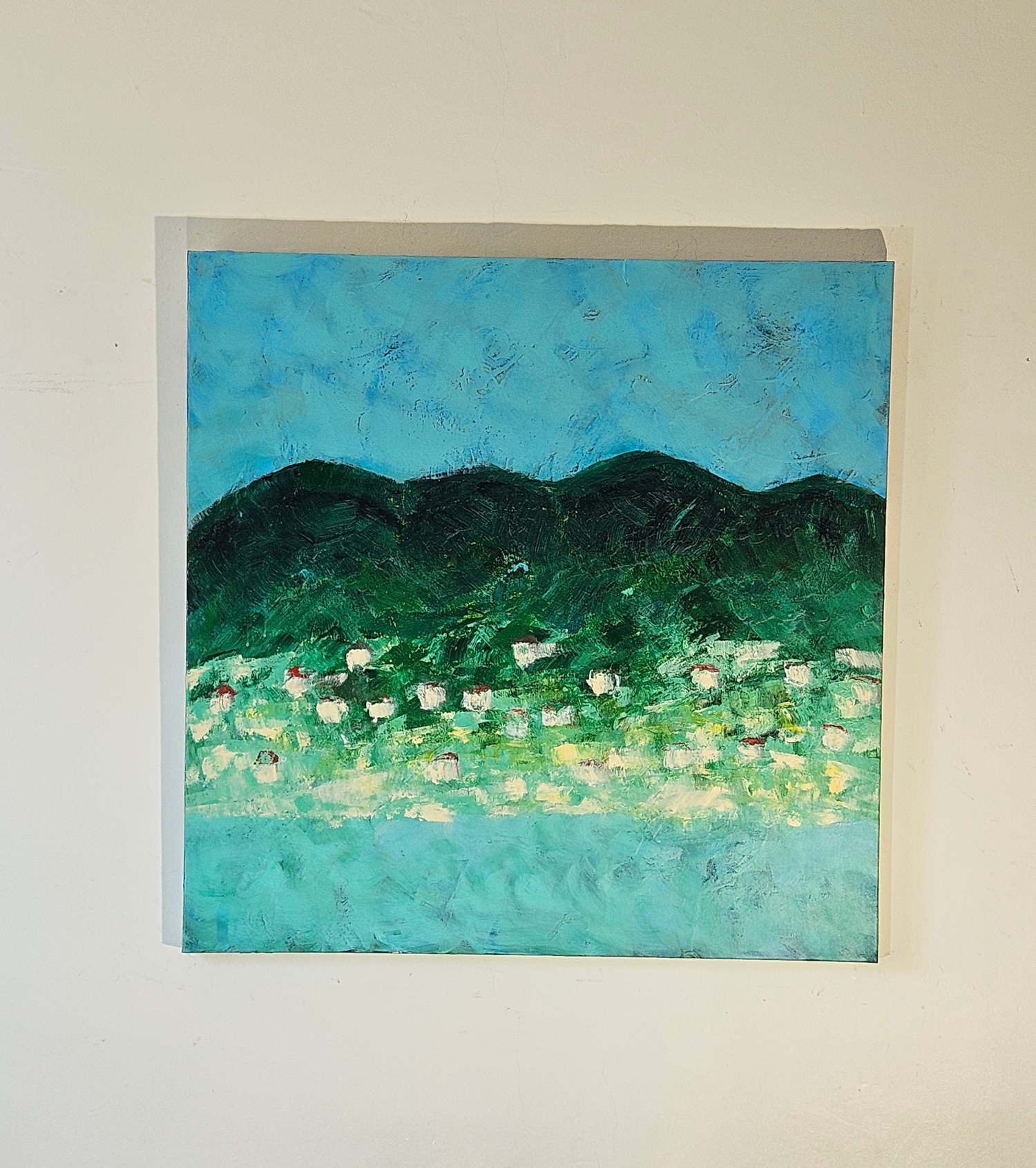 Green and blue landscape with white houses, modern acrylic painting on canvas, 100x100 cm. - Image 2
