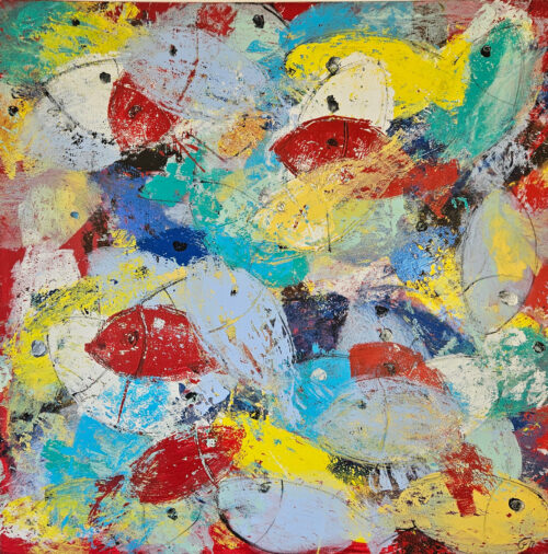 Yellow, red, blue, and white fish, acrylic painting on 100×100 cm canvas