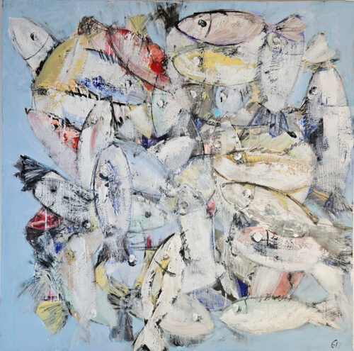 White fish on a blue background, acrylic painting on 100×100 cm canvas.