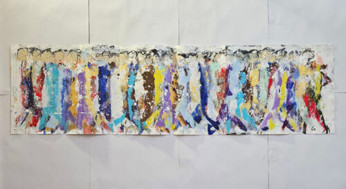 Crowd, men walking, figures, acrylic painting on cardboard, 33x110 cm, P1