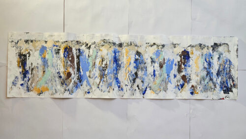 Crowd, men walking, figures, acrylic painting on cardboard, 33x110 cm, P2