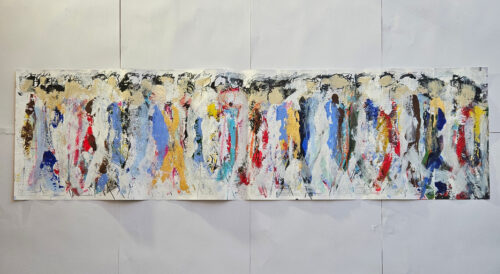 Crowd, men walking, figures, acrylic painting on cardboard, 33x110 cm, P3