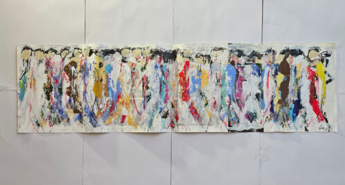 Crowd, men walking, figures, acrylic painting on cardboard, 33x110 cm, P4
