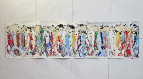 Crowd, men walking, figures, acrylic painting on cardboard, 33x110 cm, P5