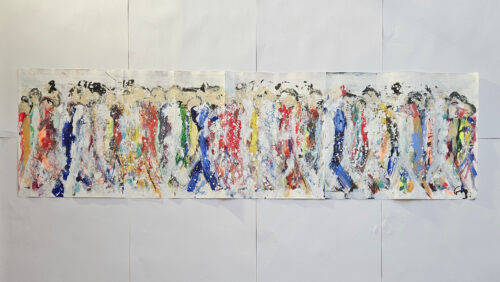 Crowd, men walking, figures, acrylic painting on cardboard, 33x110 cm, P6