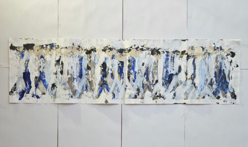 Crowd, men walking, figures, acrylic painting on cardboard, 33x110 cm, P7