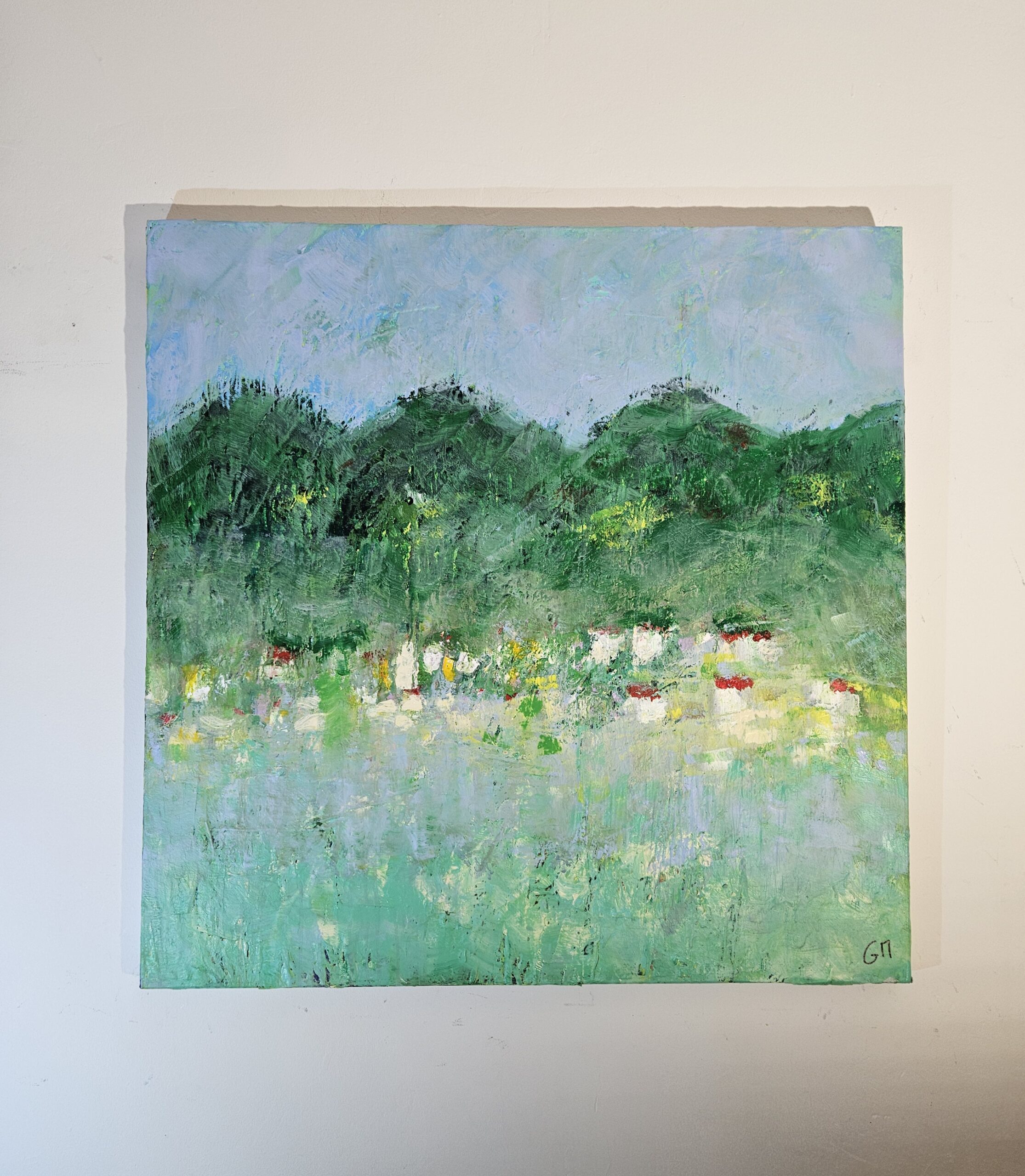 Green and blue landscape with a touch of yellow, modern acrylic painting on canvas, 100x100 cm. - Image 2