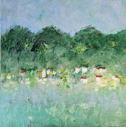 Green and blue landscape with a touch of yellow, modern acrylic painting on canvas, 100x100 cm.