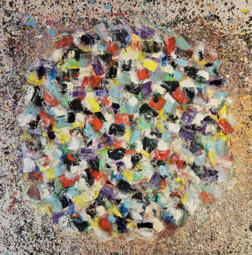 Abstract multicolored Big Bang on ivory background, acrylic on canvas, 100x100 cm (Copie)