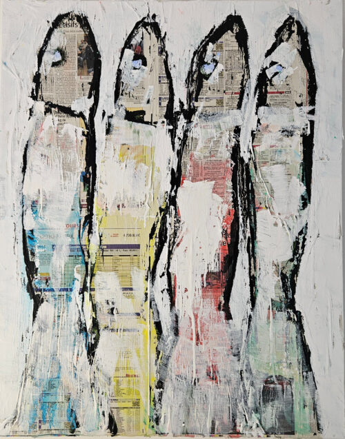 Blue, red, green, and yellow sardines, collage and acrylic paint on canvas