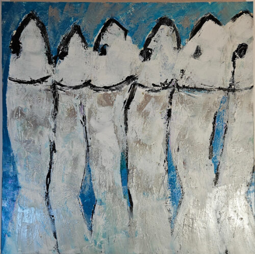 White and silver sardines on a blue background, acrylic on convas 100x100cm