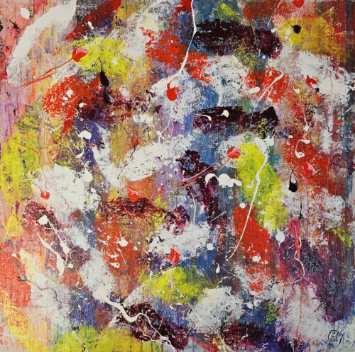 Abstract red, white, yellow, and burgundy fish, acrylic on canvas, 100 × 100 cm.