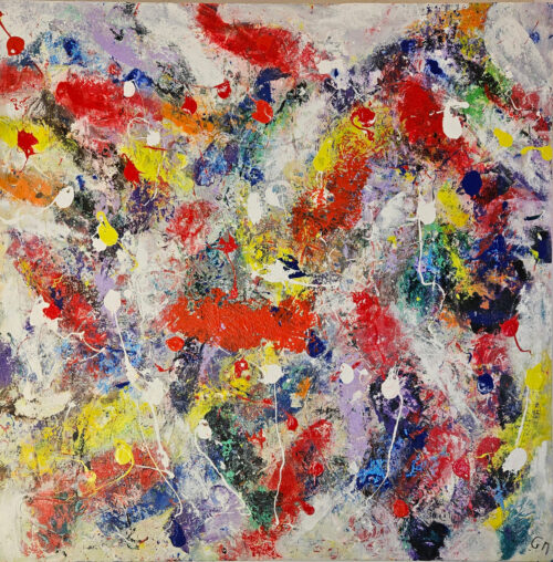 Abstract yellow, dark blue, and red fish, acrylic painting on canvas, 100 × 100 cm.